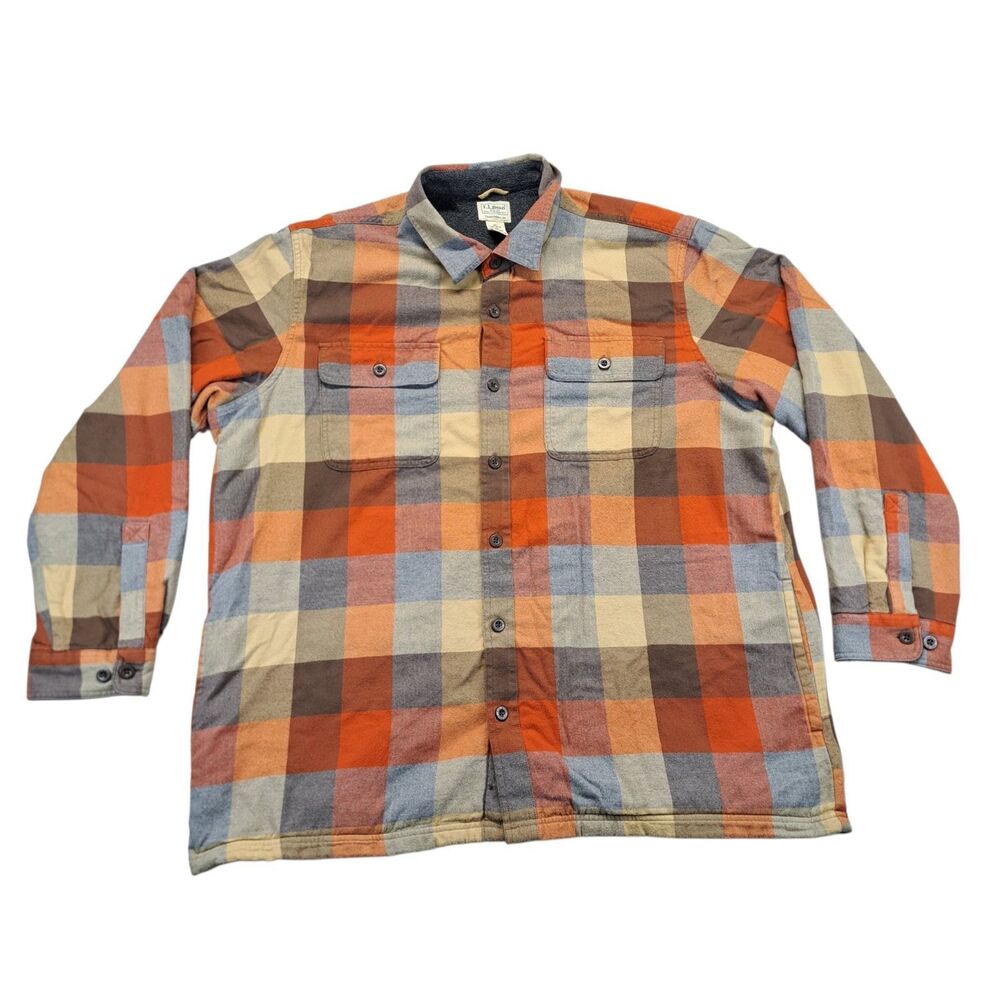 LL Bean Fleece Lined Flannel Shirt Jacket Mens 2XL Orange Plaid